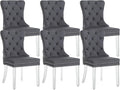 KCC Velvet Dining Chairs Set of 6, Upholstered Tufted Wingback Dining Room Chair with Nailhead Back Ring Pull Trim Solid Acrylic Legs, Contemporary Nikki Collection Style for Kitchen, Grey