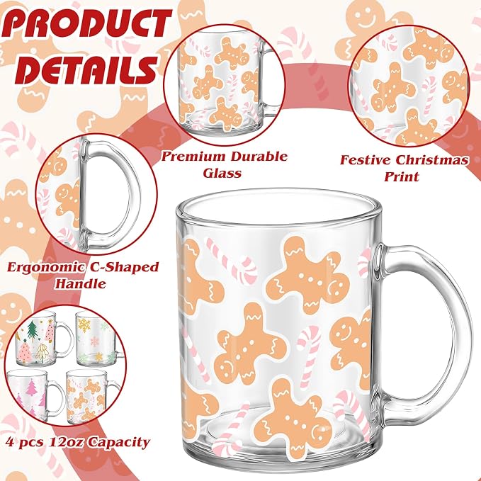 Tioncy 4 Pcs Christmas Coffee Mugs 12 oz Christmas Glass Cups - Image 3