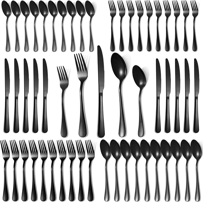 50 Pcs Black Silverware Set for 10, Food Grade Stainless Steel Flatware Set by Lazycorner