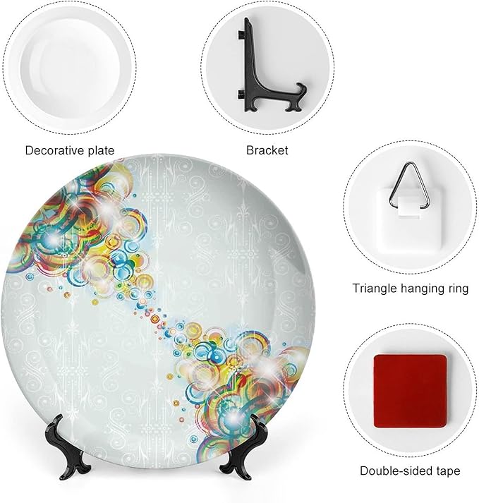 Ceramic Display Plate, Abstract Ceramic Hanging Decorative Plate, Modern Design Rainbow Waves Circles Patterned, 8 Inch, Household Custom Ceramic Plate, Multicolor