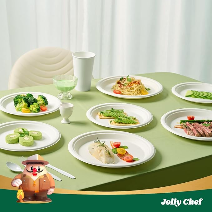 JOLLY CHEF Compostable Heavy Duty Plates 𝟭𝟬 𝗜𝗻𝗰𝗵 [𝟭𝟱𝟬 𝗣𝗮𝗰𝗸] Eco-Friendly Disposable Uncoated Paper Plates Bagasse Biodegradable Bulk for Party Dinner Hot Cold Food Christmas (White)