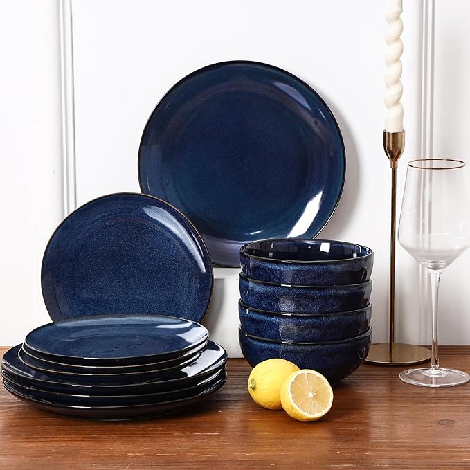 vicrays Ceramic Round Plates Set of 6 - Porcelain 10 inch Dinner Plates for Salad Dessert Appetizer Bread - Microwave Oven and Dishwasher Safe - Blue