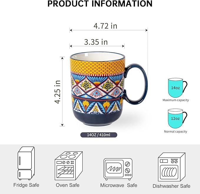 HENXFEN LEAD Boho Ceramic Coffee Mugs Set of 6 – 14 oz Porcelain Cups for Latte, Cappuccino, Tea & Cocoa – Microwave & Dishwasher Safe