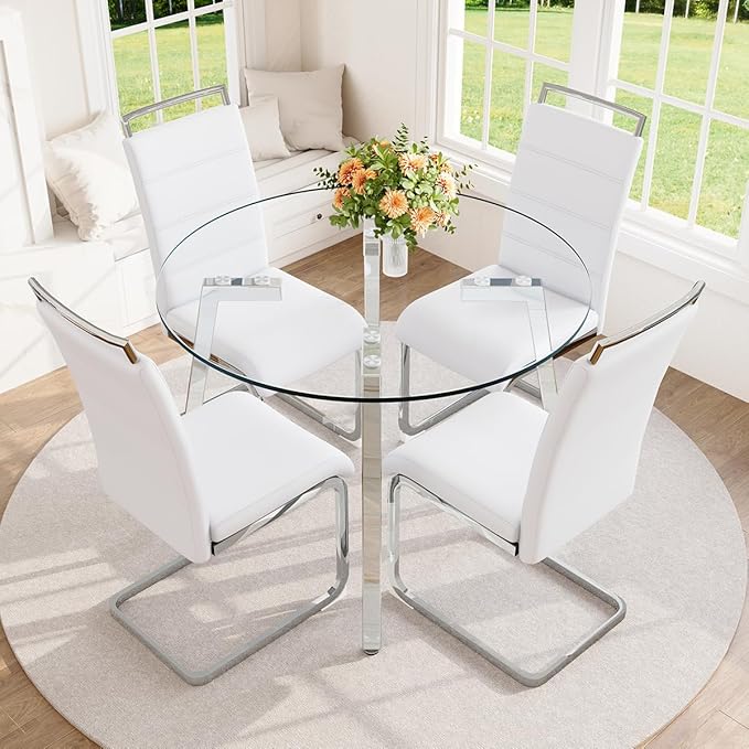 42" Round Glass Dining Table Set for 4,Modern Breakfast Table Set for 4 with Silver Chrome Legs,Space Saving Kitchen Table and White Chairs for Apartment,Easy Assembly