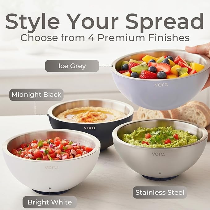 Vora 70oz Dip Chiller Bowl with Lid | Iced Grey Stainless Steel Chilled Dip Bowl for Dips, Guacamole, Hummus, Salsa | Insulated Serving Dishes with Easiest Water Fill & Refillable Chamber