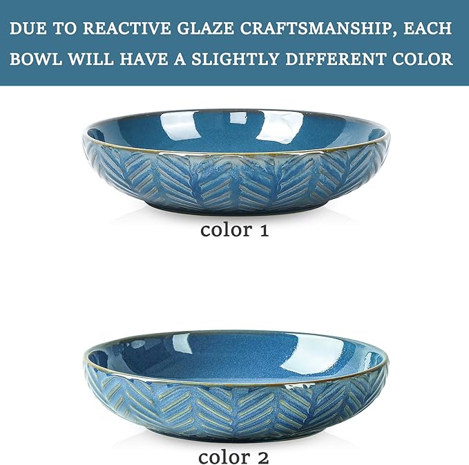 Sureasy Pasta Bowls Set of 4-30oz Large Embossed Serving Bowl Plates, 8.5 Inch Wide and Shallow Plate Bowls, Microwave, Oven & Dishwasher Safe, Blue