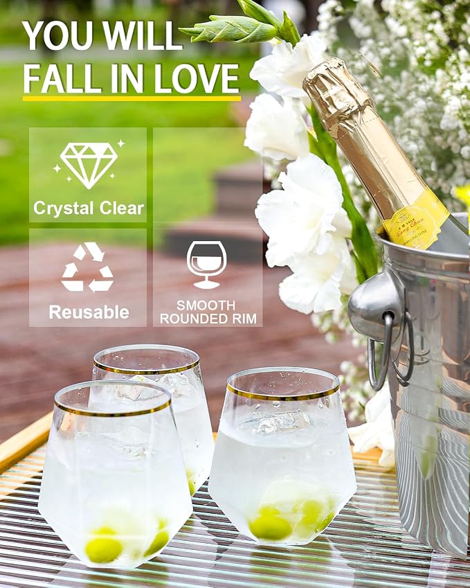 40 Pack Plastic Wine Glasses, 12 Oz Disposable Cocktail Whiskey Glasses | Gold - Image 2