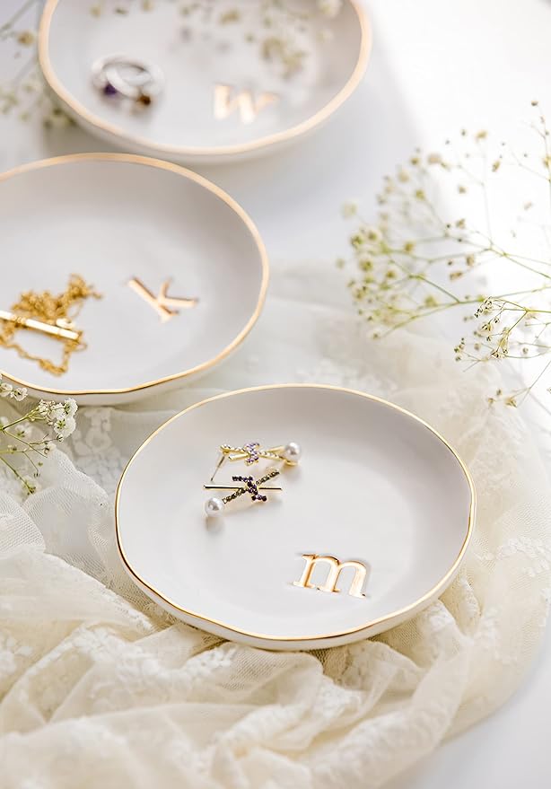 COLLECTIVE HOME - Ceramic Jewelry Tray, Decorative Trinket Dish for Rings Earrings Necklaces Bracelet Watch Keys, Birthday Mother's Day Christmas Gift for Women, 4.75", White Surface (J)