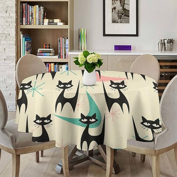 Mid Century Colorful Modern Cat Round Tablecloth, Medieval Bohemian Abstract Animal Tablecloth for Home Party Dining Room Kitchen Decor 70Inch(178cm)