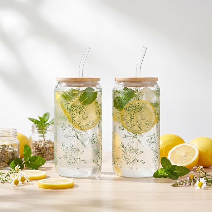 Sliner 2 Pcs Green Floral Glass Tumblers - Image 2