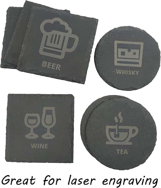 8 Pack 4 inch Square Slate Coasters with Metal Holder,Handmade Natural Rough Edge,with Integral Anti-Skid pad,Laser Engraving Blanks,Stone Coasters
