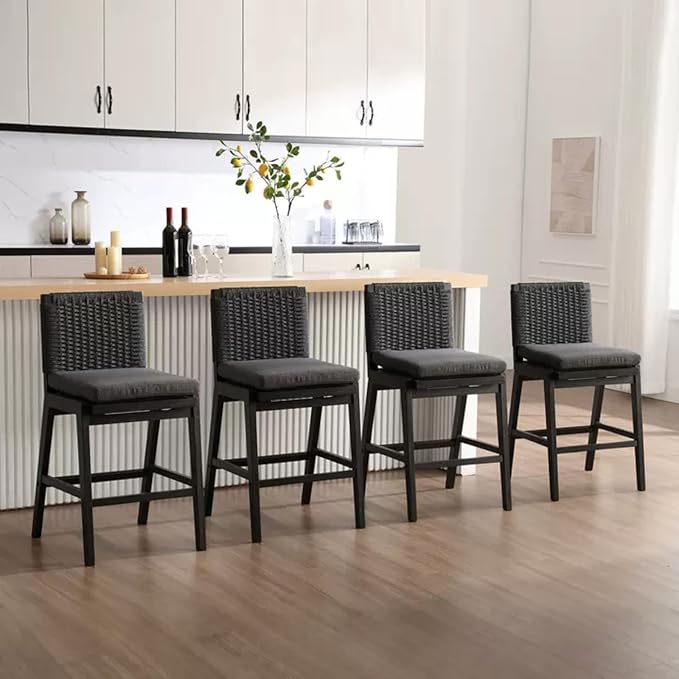 Carbon Black Bar Stools Set of 4, 27.3 Inch Counter Height Stools Upholstered Linen Armless Bar Chairs with Woven Rope Backrest Wooden Legs for Kitchen Island Dining Room