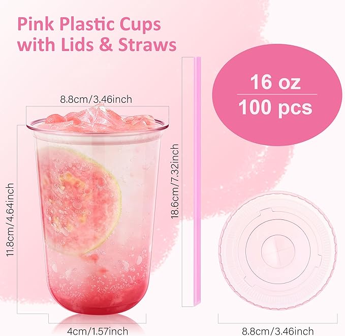 tchrules 100 Set 16oz Pink Round Bottom Plastic Cups - Image 2