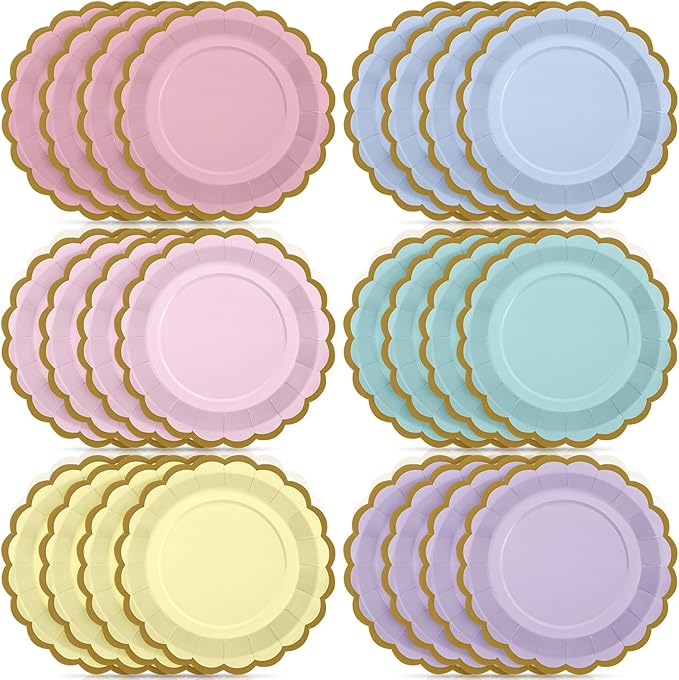 48 Pcs Pastel Rainbow Paper Plates 9 Inch Gradient Color Scalloped Paper Disposable Dinner Dessert Plates for easter Birthday Wedding Bridal Party Supplies, 6 Colors