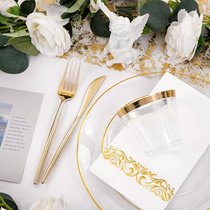 MirthMood 350Pcs Clear and Gold plates,Christmas plates, Plastic Plates for Party Include 50 Dinner,50Dessert Plate,50 Cup&50 Napkins, 150 Gold Silverware for Wedding & Party & Christmas