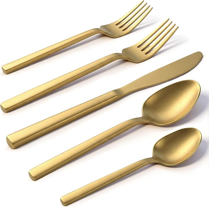 20pcs Matte Gold Cuboid Silverware, Stainless Steel Flatware Set, Service for 4, Forged Cutlery Set, Dishwasher Safe