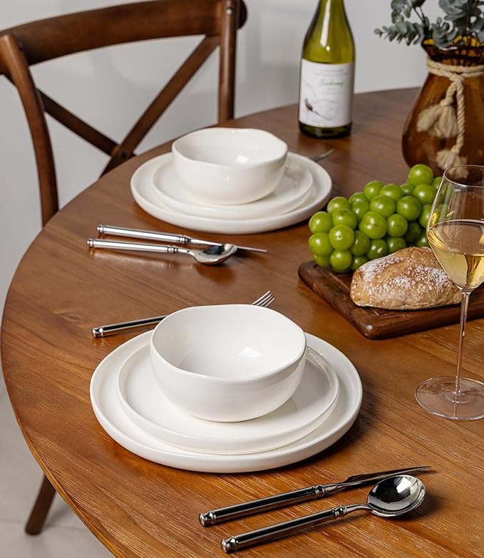 TheTerra Ceramic Dinnerware Sets, Handmade Reactive Glaze Plates and Bowls Set, Scratch Resistant Dish Set, Oven & Microwave & Dishwasher Safe, Bright White