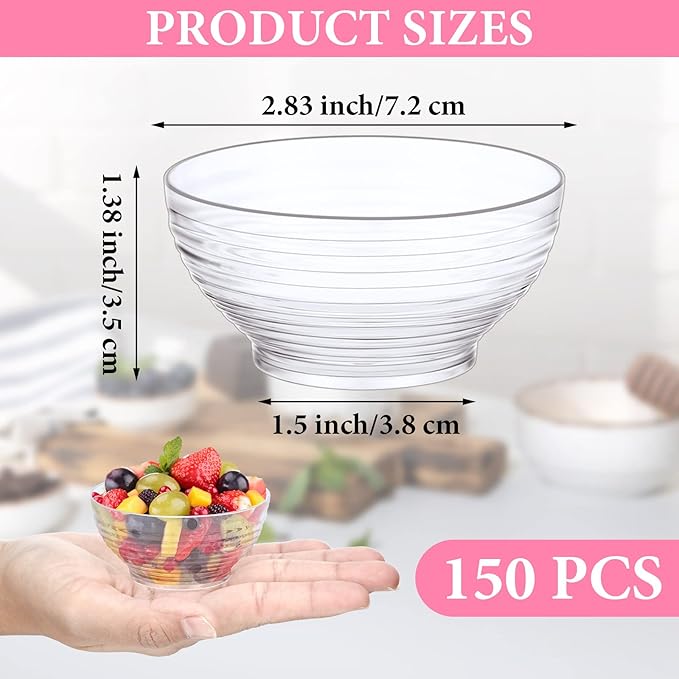 150 Pcs 3 oz Mini Dessert Bowls Small Appetizer Dessert Cups Reusable Mini Clear Plastic Bowls Small Party Serving Cups for Mousse, Puddings, Appetizers, Condiments, Snacks,ketchup, Soy, BBQ, Party