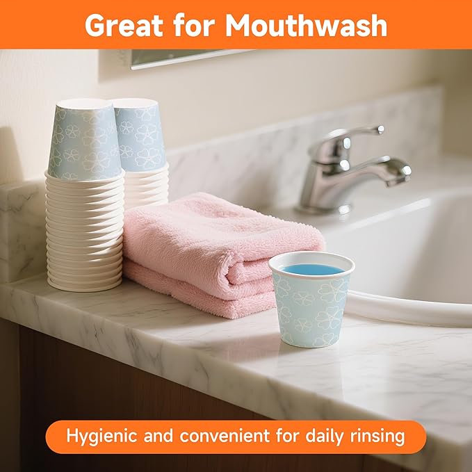 100 Pack 3 oz Bathroom Cups, Disposable Paper Cups with Rolled Rim, Small Paper Mouthwash Cup for Guest Bathrooms, Vanity & Office Use, Mist blue