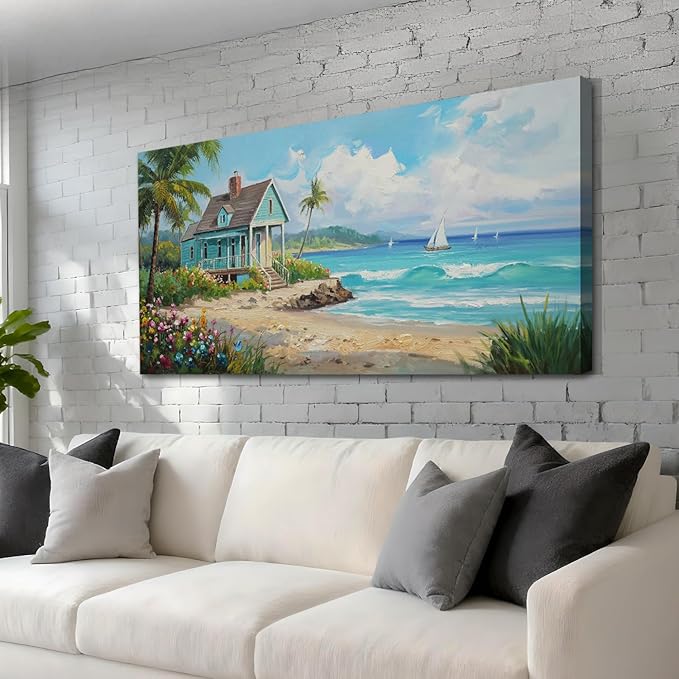 Anolyfi Tropical Canvas Wall Art for Living Room, Palm Tree Nature Coastal Seascape Painting Wall Decor Textured Artwork for Bedroom Hallway Kitchen Office Home Decor 40"x20"
