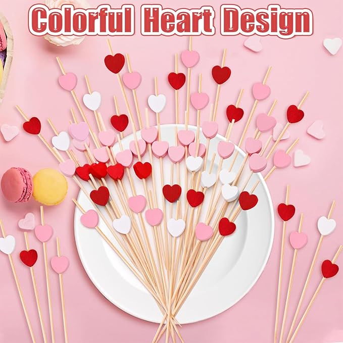 120 PCS Red Love Heart Shaped Cocktail Picks, 4.7Inch Bamboo Fancy Toothpicks for Appetizers, Cocktail Skewers Sticks Selected for Weddings, Valentines Day, Desserts, Charcuterie, Food, Drinks