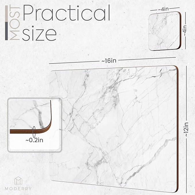 Set of 4 Heat Resistant Cork Placemats for Dining Table with Free Set of 4 Matching Drink Coasters Marble Design 16 x 12 Inches Cork Backed Hard Placemats (White Marble)