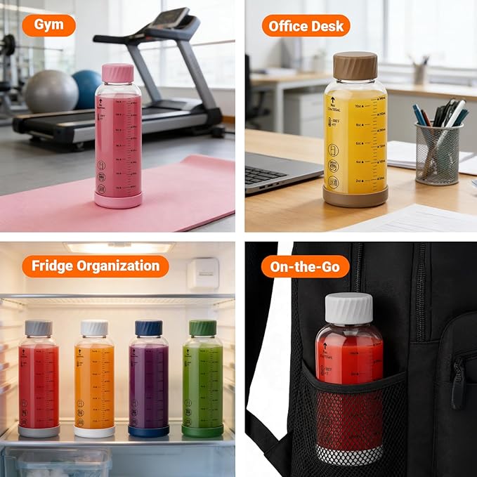Sursip 16 oz Glass Juice Bottles – 4 Pack Borosilicate Glass Bottles with Lids – Heat-Resistant, BPA Free, Leakproof & Reusable for Juicing, Smoothies, Milk, Protein, Water
