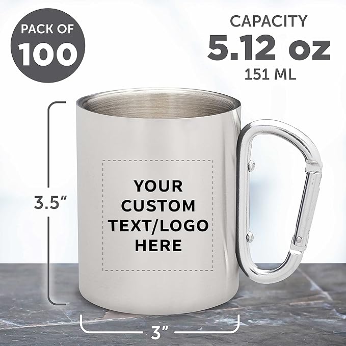 Custom Stainless Steel Mugs with Carabiner Handle 10 oz. Set of 100, Personalized Bulk Pack - Perfect for Coffee, Soda, Other Hot & Cold Beverages - Silver