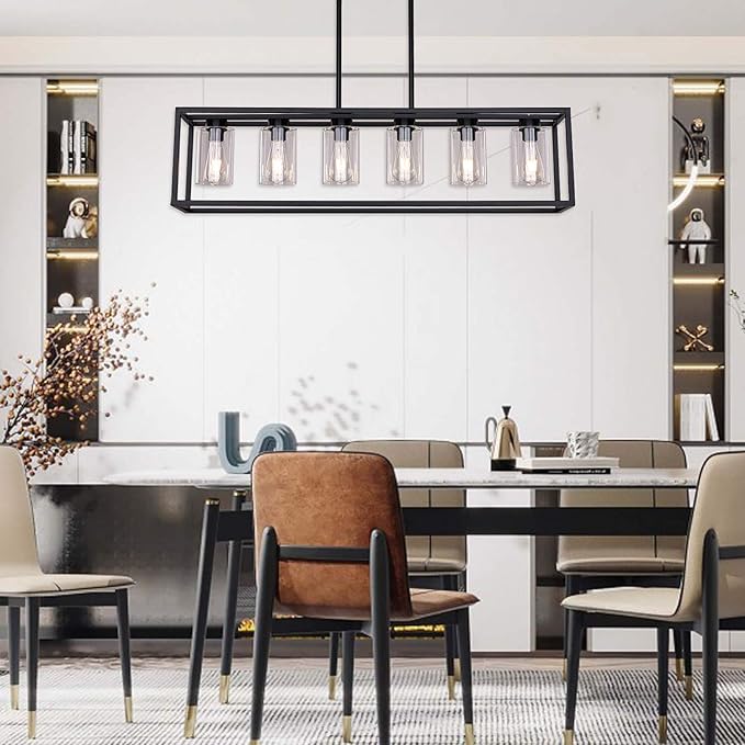 XILICON Dining Rooms Black Chandeliers,Kitchen Island Farmhouse Lighting Fixture Industrial Rustic Ceiling Hanging 6 Light Modern Pendant Light with Glass Shade