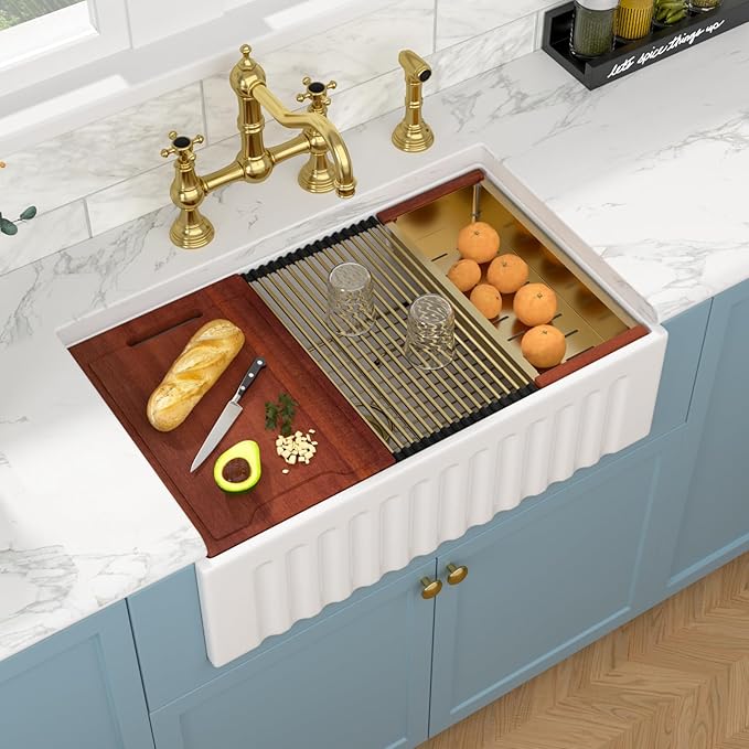 Sarlai White Farmhouse Sink - 30 Inch Farm Kitchen Sink Undermount Workstation Apron Front Reversible Ceramic Fireclay Single Bowl Farmer Sinks Basin 30 x 20 Inch With Gold Accessories