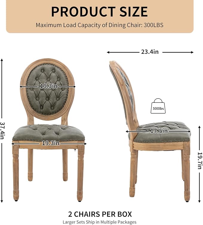 Vintage French Dining Chairs Set of 8, Round Back PU Leather Upholstered Side Chairs with Nailhead Trim and Solid Wood Frame, Sillas de Comedor for Dining Room & Kitchen, Olive Green