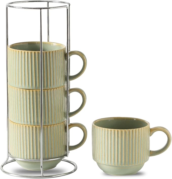 HASENSE Ceramic Coffee Mugs Set of 4 - 15 oz Stackable Large Porcelain Ribbed by Hasense