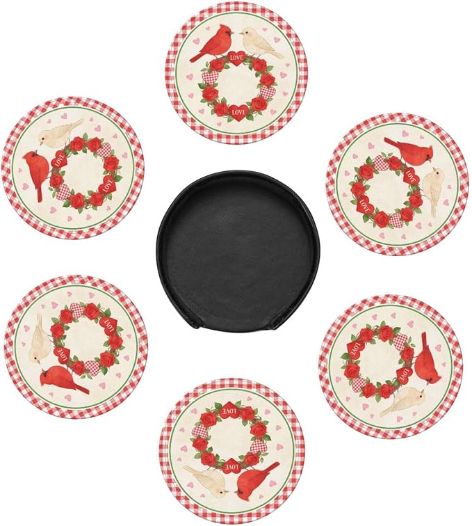Love Rose with Birds Leather Coasters Set of 6 with Holders - Image 5