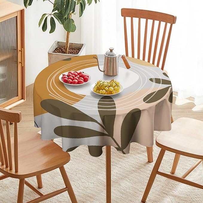 Boho Mid Century Round Tablecloth, Bohemian Abstract Modern Leaves Tablecloth for Home Party Dining Room Kitchen Decor 60Inch(152cm)