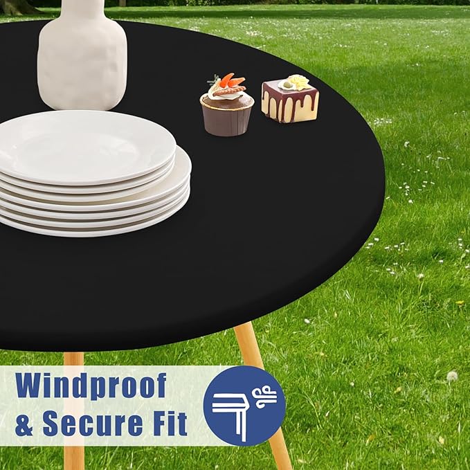 Round Spandex Tablecloth, Elastic Fitted Waterproof Tablecloths for 45"-56" Tables, Stretch Washable Picnic Table Cover for Camping, Dining, Indoor and Outdoor, Black