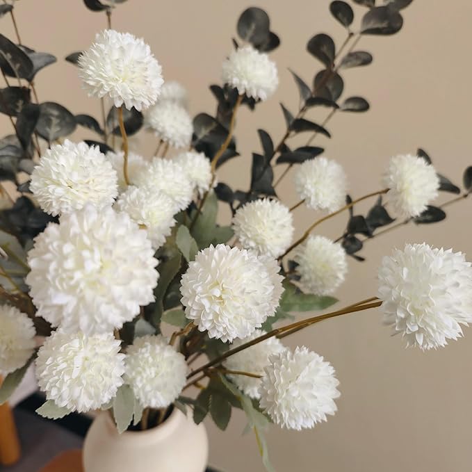 RyddeligHome White Faux Kiku Flowers for Vase - 10 Long Stem Artificial Flowers with Eucalyptus, Realistic Winter Floral Stems for Tall Vases, Farmhouse Home Decor (Premium Quality)