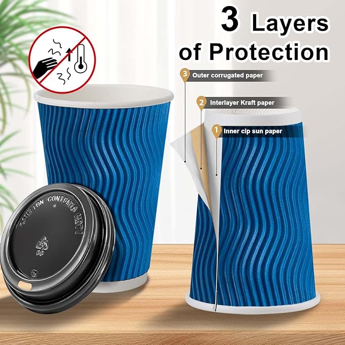100 Pack Coffee Cups with Lids 16 oz, Disposable Insulated Ripple Wall To Go Paper Coffee Cups for Hot/Cold Drinks Office Home Shop Event (Navy)
