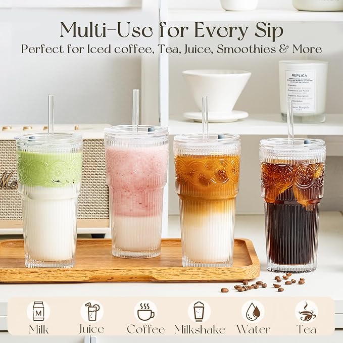 KEMORELA 20oz Ribbed&Floral Iced Coffee Cups - Image 3