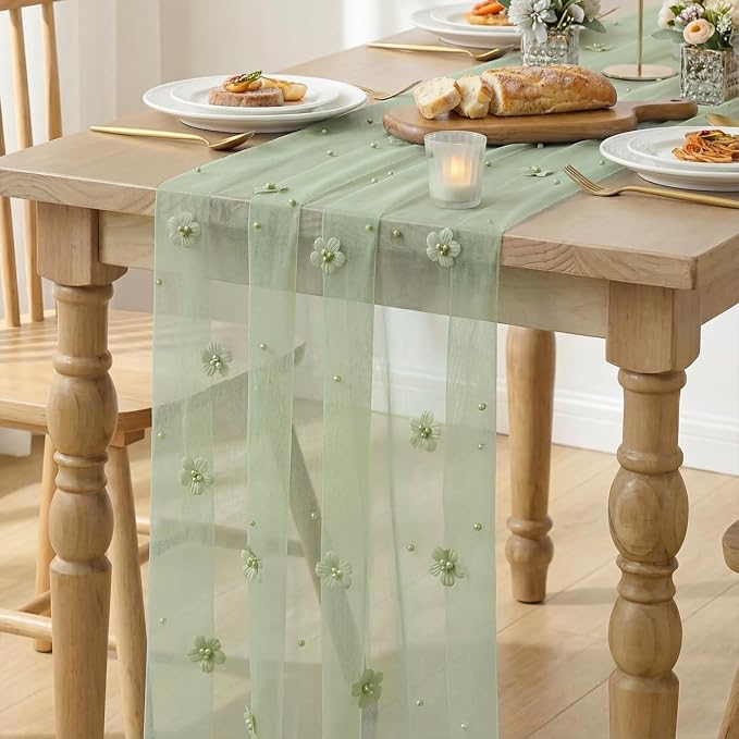 Artoid Mode Sage Green Flower Pearl Green Gauze Table Runner 10FT, Seasonal - Image 3
