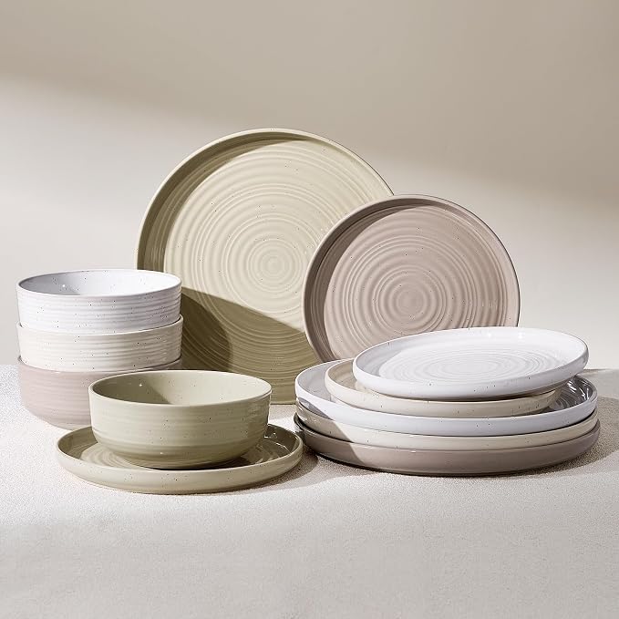 Stoneware Dinnerware Set for 4, Plates & Bowls, Chip & Scratch Resistant by FamiwarePremium
