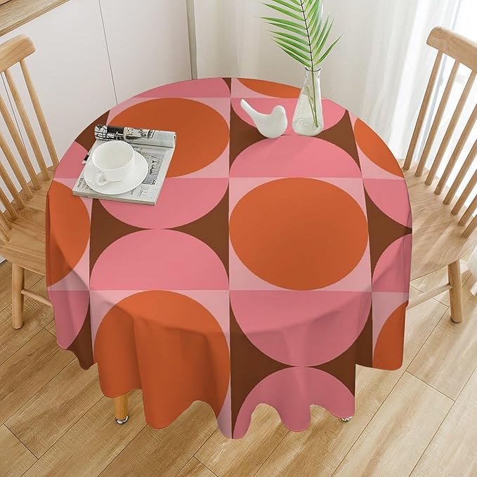 Mid Century Round Tablecloth, Abstract Retro 50s 60s Style Geometric Print Tablecloth for Home Party Dining Room Kitchen Decorm 60Inch(152cm)