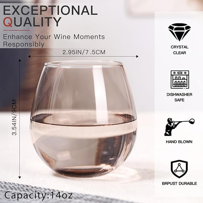 Colored Stemless Wine Glasses Set of 6-15 oz -Modern Hand-Blown Wine Glasses, European Design Crystal Glass For Red & White Wine, Unique Gifts for Wedding, Birthday(Smokey Grey)