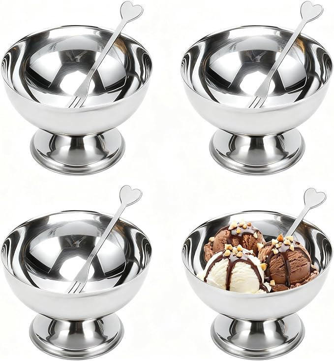 4 Pack Stainless Steel Dessert Bowls, Dessert Cups Ice Cream Cups with Footed Base, Serving Dessert Bowl for Fruit Salad, Pudding, Yogurt (silver)