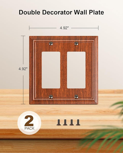 2-Pack Decorative Double Decorator Outlet Cover Plate, Wood Grain Durable Natural Bamboo Fiber Wall Plates for Electrical Outlets, Receptacle, GFCI Outlet, Dimmer Switch, 2-Gang, Corrosion Resistant