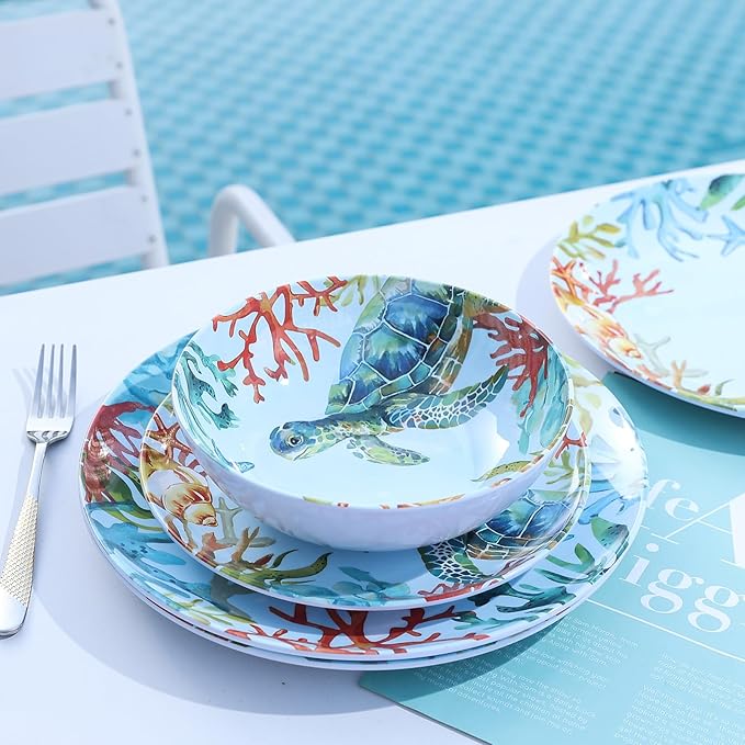 12-Piece Melamine Turtle Dinnerware Set, Ocean Plates and Bowls Sets, Indoor Outdoor Dish Sets for 4, Unbreakable Lightweight Tableware Set - Turtle