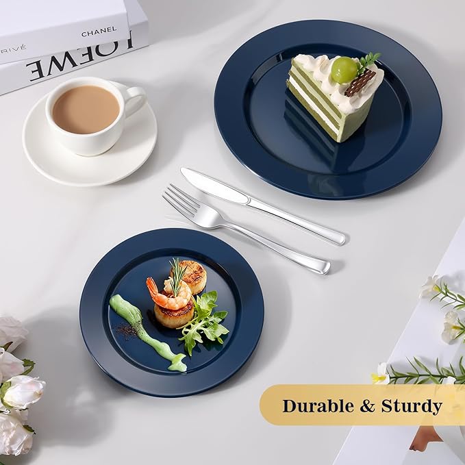 Goodluck 200PCS Navy Blue Plastic Plates, Heavy Duty Disposable Clear Plates with 100 10.25 inch Dinner Plates and 100 7.5 inch Dessert Plates for Party, Holiday, Wedding, Thanksgiving