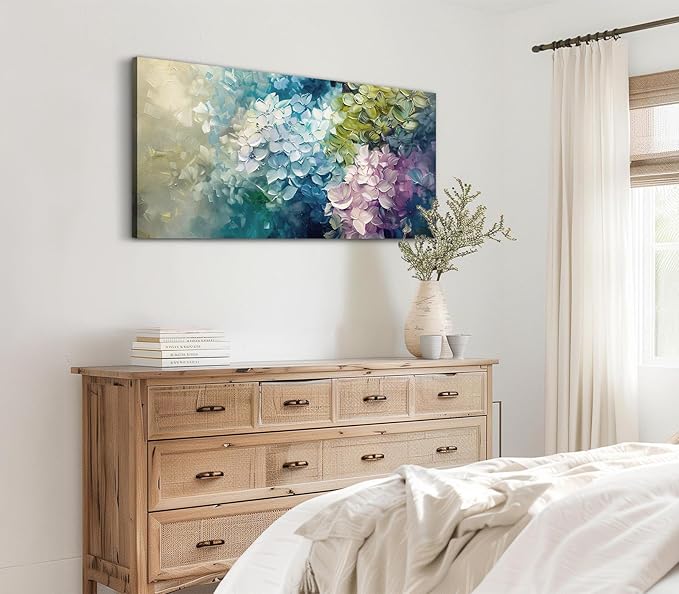 ADJUVANT Wall Art Impressionist Colorful Hydrangea 48" L x 24" W, Vibrant Hydrangea Blooms Canvas Painting Lush Petals Artwork Prints Floral Wall Decor for Living Room Bedroom Dining Room Home Office