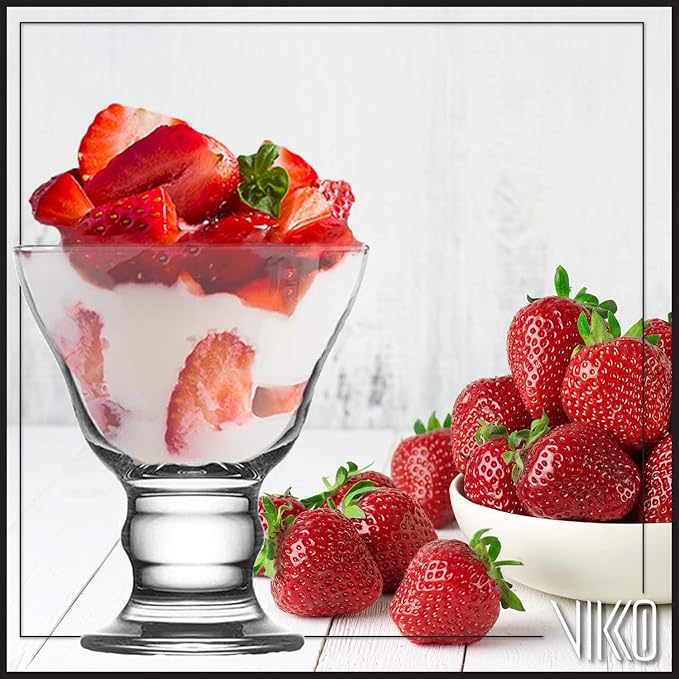 Vikko Orion Glass Sundae Bowls: Dessert Cups – For Parfait, Ice Cream, Pudding, Fruit, and More – Set of 6 Thick Large Dessert Dishes - 8.75 ounces - Dishwasher Safe