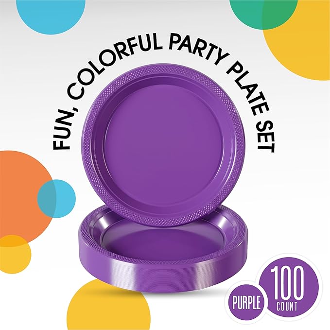 Purple Plastic Plates For Party 7" Purple Disposable Plates Heavy Duty 100 Pcs Plastic Dinnerware Sets Heavy Duty 350 GSM Disposable Dinnerware Set