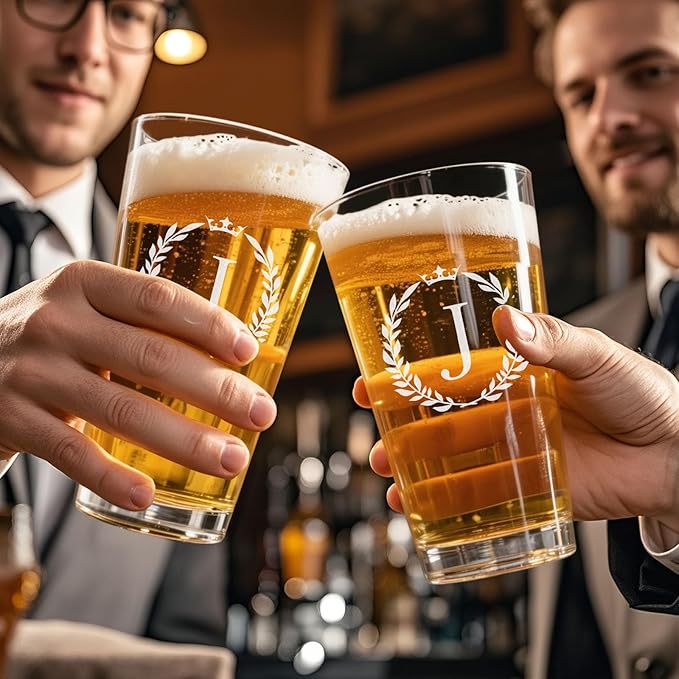 Personalized Beer Glasses Gifts for Men, 16 oz Pint Glasses Monogrammed A-Z Drinking Glass Cups Customized Gift, Unique Christmas Anniversary Birthday Gifts for Men Him Dad Brother Husband Grandpa (J)